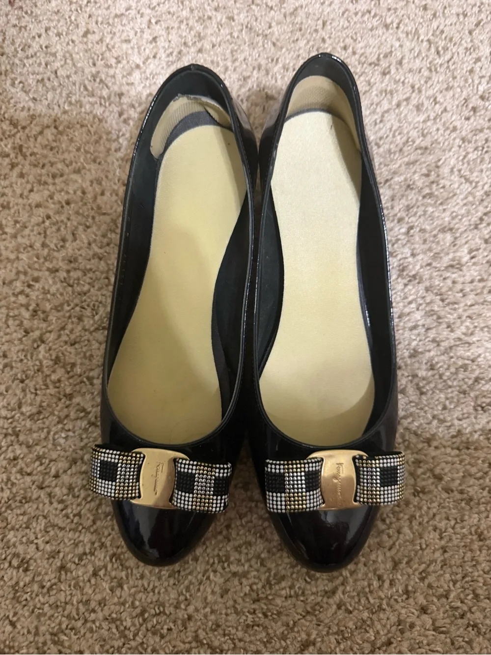 Salvatore Ferragamo Black Patent Ballet Flats with Bow and Gold Accent